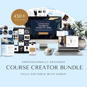 May include: A collection of professionally designed course creator templates in a blue and gold color scheme. The templates are fully editable with Canva and include over 450 options. The text on the image reads "Ready to make a chance? Attention grabbing headline here. Enroll now."