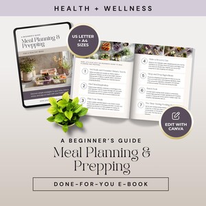 Könnte beinhalten: Ein digitales Handbuch mit dem Titel "Meal Planning & Prepping" mit dem Text "A Beginner's Guide" und "Done-For-You E-Book". Das Handbuch enthält ein Tablet und ein offenes Buch mit Bildern zur Essenszubereitung. Eine kleine Pflanze befindet sich im Vordergrund. Der Text "US Letter + A4 Sizes" ist ebenfalls sichtbar.