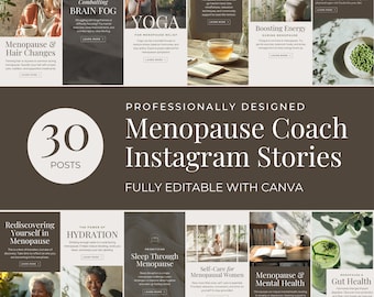 Menopause Coach Instagram Stories Bem-estar Marketing Instagram Kit de mídia social Canva editável Saúde hormonal Perimenopausa Holística