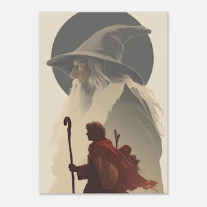May include: An illustration featuring a wizard with a long white beard and a large hat, set against a dark circular background. A figure in a red cloak and staff walks in the foreground, evoking a fantasy theme.