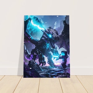 Könnte beinhalten: Ein pixelartiger schwarzer Drache mit leuchtend blauen Augen und Flügeln, der blaues Feuer spuckt, steht einem pixelartigen Charakter in einem blau-schwarzen Anzug gegenüber. Die Szene spielt vor einem dunklen, stürmischen Himmel.