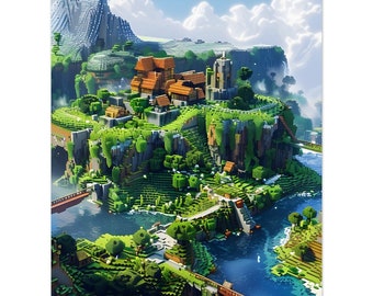 Mountain Village Minecraft Poster - Scenic Landscape Print - Waterfront Town Art - Gamer Decor - Wall Art for Minecraft Enthusiasts