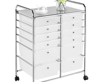 12 Drawers Rolling Storage Cart Organizer with Lockable Wheels, White/Clear