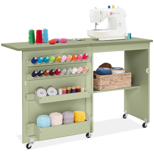 Folding Sewing Table Multipurpose Craft Station & Side Table w/ Wheels, Light Green