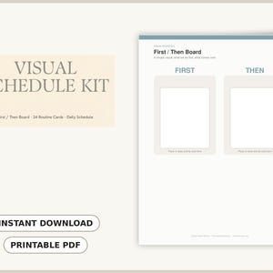 May include: A visual schedule kit printable PDF featuring a First / Then board with two blank rectangular spaces for activity cards. The document includes the text Visual Schedule Kit, First / Then Board, 24 Routine Cards, Daily Schedule, First, Then, and Place or draw activity card here.