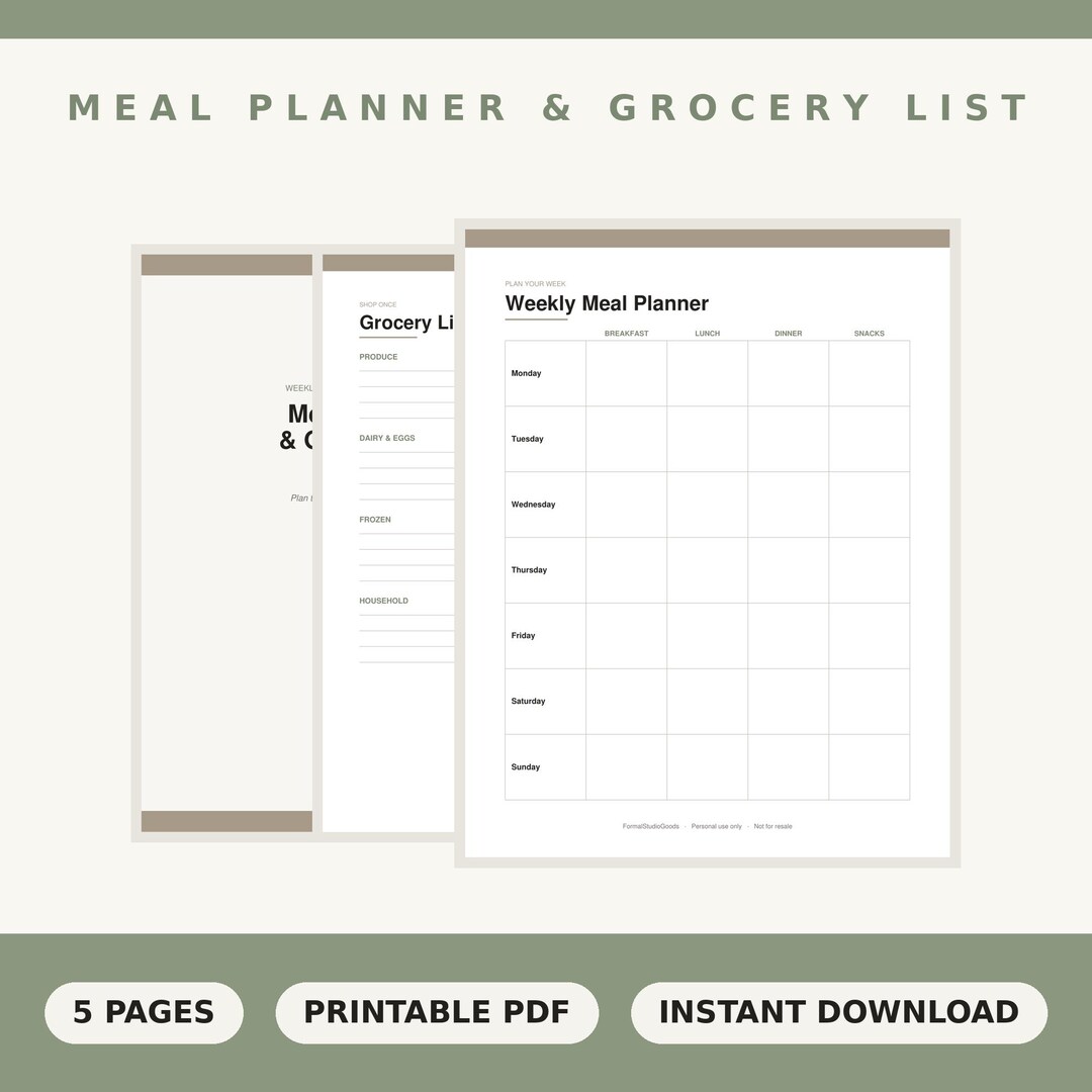 Weekly Meal Planner Printable - Grocery List & Menu Template PDF - Etsy