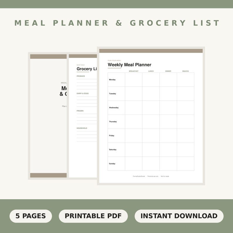 Weekly Meal Planner Printable - Grocery List & Menu Template PDF - Etsy