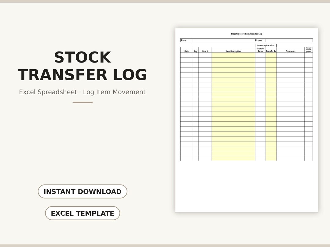 Stock Transfer Log Excel | Warehouse Inventory Movement Tracker | Item ...