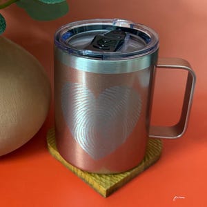 Fingerprint Heart Laser Engraved Coffee Mug with Lid for Latent Print Examiners, Fingerprints,  CSI, Forensic Science, Crime Scene