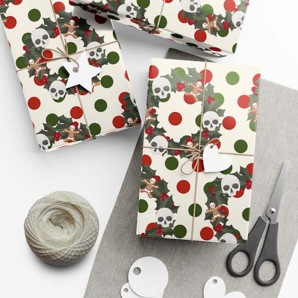 Christmas Wreath Skull and Polka Dot Holiday Gift Wrapping Paper | Gifts for a CSI or Forensic Professional | Spooky Gift Wrap for Presents