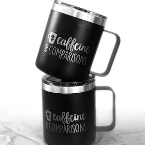 Caffeine and Comparisons Laser Engraved Coffee Mug with Lid for Latent Print Examiners, Fingerprints,  CSI, Forensic Science, Crime Scene