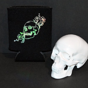 Holographic Botanical Skull Can Cooler | Floral Skull Cozie | Forensics Pathology, Anthropology, Anatomy, & CSI gifts