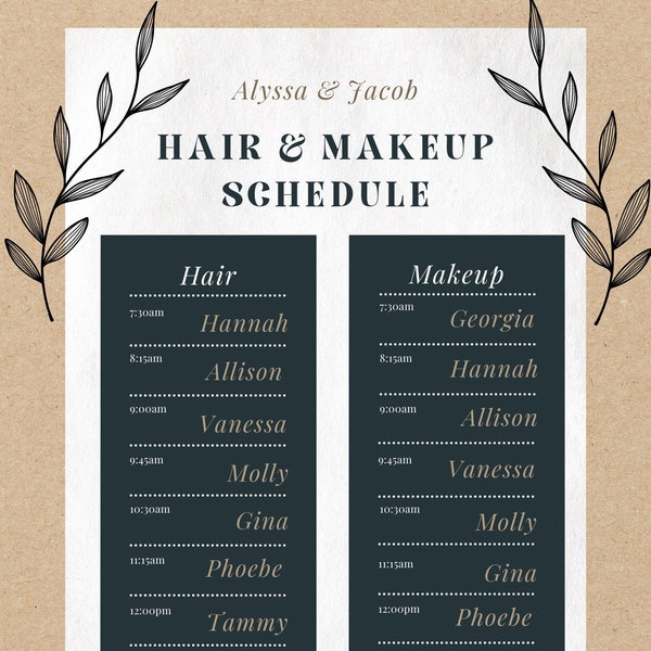 Wedding Hair and Makeup Timeline Template Etsy