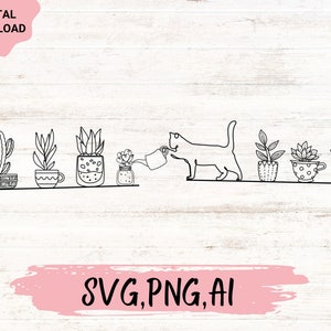Gato regando plantas svg, Gato y Planta svg, Amante de las plantas svg, Planta gato svg, gato floral svg, Lindo gato con línea de planta arte svg,