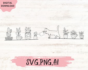 Cat watering plants svg, Cat and Plant svg, Plant lover svg,Plant cat svg, floral cat svg, Cute cat with plant line art svg,