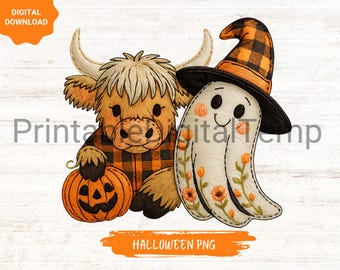 Automne mignon vache Highland fantôme png Halloween saison png boo fantôme png citrouille d'automne png, amoureux de la vache png fausse broderie vache png Halloween à la mode