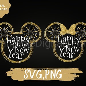 May include: Two gold glitter Mickey Mouse ears with fireworks and the text "Happy New Year" in white. The ears are on a black background.