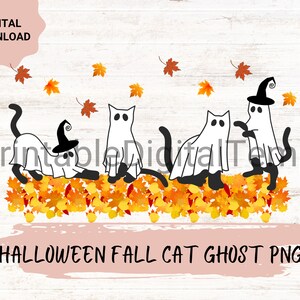 May include: Four white cat ghosts wearing witch hats are sitting on a pile of orange and yellow fall leaves.  The text "HALLOWEEN FALL CAT GHOST PNG" is at the bottom of the image.