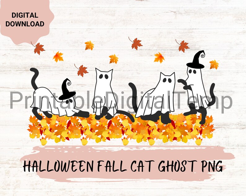 May include: Four white cat ghosts wearing witch hats are sitting on a pile of orange and yellow fall leaves.  The text "HALLOWEEN FALL CAT GHOST PNG" is at the bottom of the image.