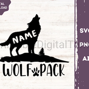 May include: Black silhouette of a wolf howling with the word "NAME" inside the silhouette. Below the wolf is a black silhouette of a hill with a small tree and the text "WOLF PACK" with a paw print.