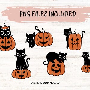 May include: A set of six digital clipart images featuring black cats and orange pumpkins with various facial expressions.  The PNG files are included in the digital download.  "PNG FILES INCLUDED" and "DIGITAL DOWNLOAD" are written in the image.