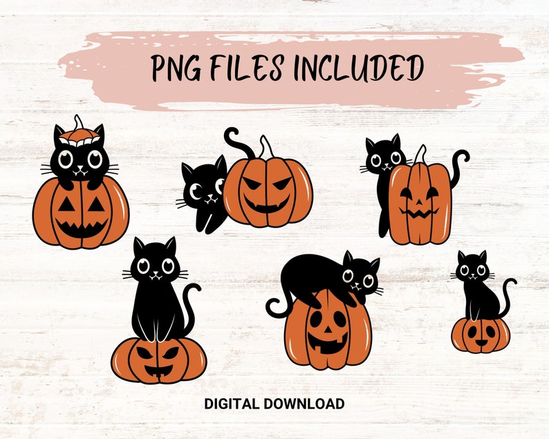 May include: A set of six digital clipart images featuring black cats and orange pumpkins with various facial expressions.  The PNG files are included in the digital download.  "PNG FILES INCLUDED" and "DIGITAL DOWNLOAD" are written in the image.