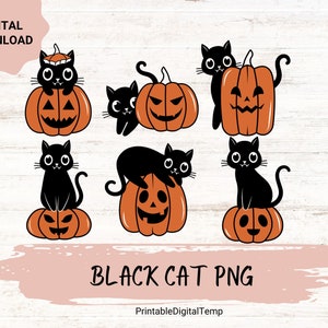 May include: Six digital illustrations of black cats with orange jack-o'-lantern pumpkins.  The cats are in various poses, some sitting on the pumpkins, some peeking out from behind the pumpkins, and some holding the pumpkins.  The pumpkins have carved faces and are a traditional Halloween decoration.