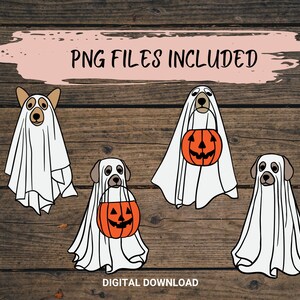 May include: Four digital illustrations of dogs dressed as ghosts for Halloween. Each dog is holding a jack-o-lantern. PNG FILES INCLUDED. DIGITAL DOWNLOAD.