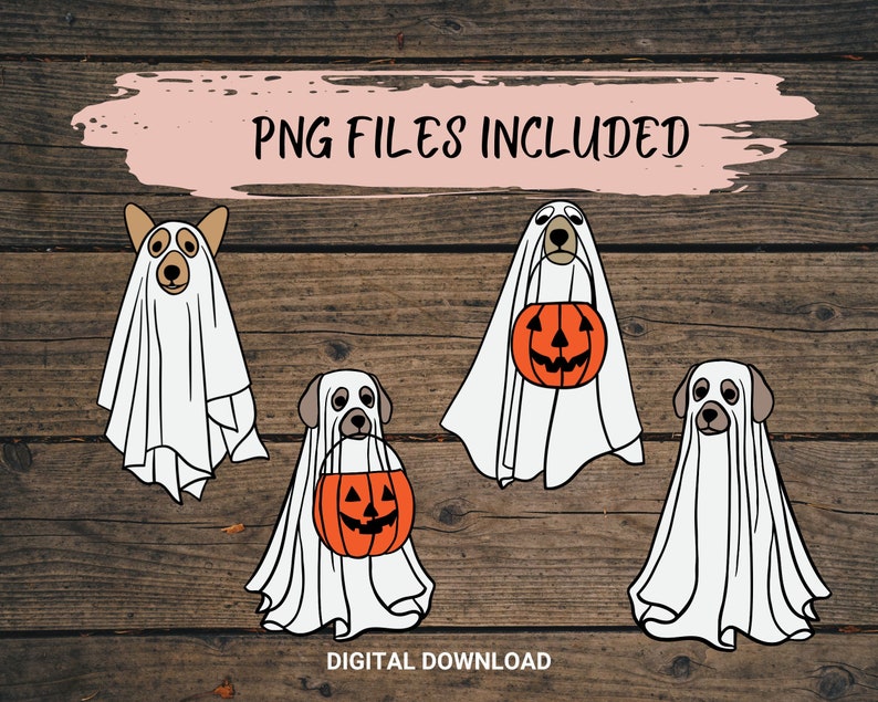 May include: Four digital illustrations of dogs dressed as ghosts for Halloween. Each dog is holding a jack-o-lantern. PNG FILES INCLUDED. DIGITAL DOWNLOAD.