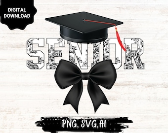 Coquette senior png, diplômé 2025 png, toile florale noire, noeud de coquette, noeud de coquette de remise des diplômes, senior 2025 png, coquette senior Svg