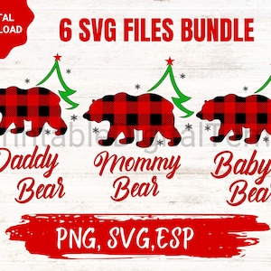 Pacote SVG de urso de família de Natal, urso xadrez de búfalo SVG, Natal svg, urso svg, papai urso svg, mamãe urso svg, bebê urso svg, família de ursos