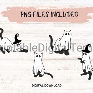 May include: Four black cat ghost illustrations with a witch hat on one of the cats.  The PNG files are included.  Digital download.