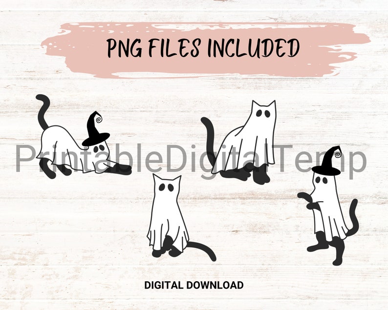 May include: Four black cat ghost illustrations with a witch hat on one of the cats.  The PNG files are included.  Digital download.