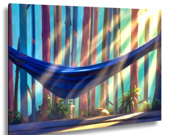 Tropical Palapa Hammock Wall Art – Sunlit Dreamy Digital Art Boho Beach Room Decor