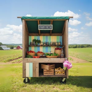 May include: A rustic wooden farm stand on wheels, displaying fresh produce. Baskets of red tomatoes, green peppers, and apples are arranged on the shelves. Jars of preserves and the sign "FARM FRESH" are also visible. The stand is set in a field.