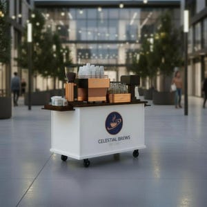 May include: A white coffee cart with a dark brown countertop and black wheels. The cart features a coffee machine, grinder, and cups. The logo for "Celestial Brews" is displayed on the front.