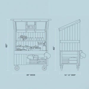 May include: Line drawing of a wooden farm stand on wheels, labeled "FARM FRESH." The stand is 63 inches tall, 48 inches wide, and 36 inches 14 deep. It has shelves for displaying produce and a sloped roof.