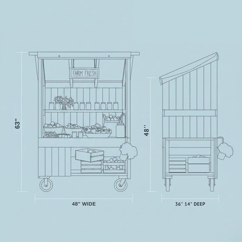 May include: Line drawing of a wooden farm stand on wheels, labeled "FARM FRESH." The stand is 63 inches tall, 48 inches wide, and 36 inches 14 deep. It has shelves for displaying produce and a sloped roof.