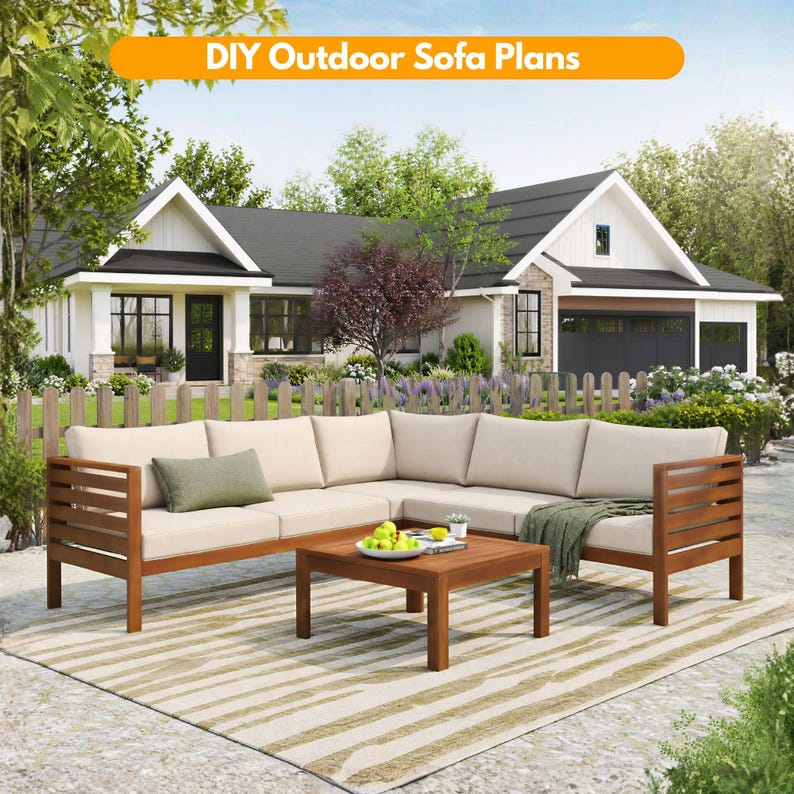 DIY Outdoor Sectional Sofa Plans | Symmetrical L-Shaped Patio Couch PDF | Wooden Corner Seating Blueprint | Garden Furniture Build Guide