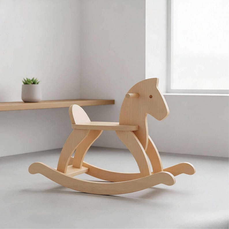 May include: A light-colored wooden rocking horse with a curved base, seat, and backrest. The horse has a head with a rounded snout and a small, circular eye. The toy is designed for children.