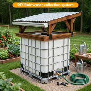 Op de afbeelding: Een wit IBC-regenwateropvangsysteem met een houten frame en een golfplaten dak. De unit is voorzien van een witte kunststof tank, een metalen kooi, een kraan met blauwe hendel, een groene tuinslang en twee zilverkleurige metalen gieters.