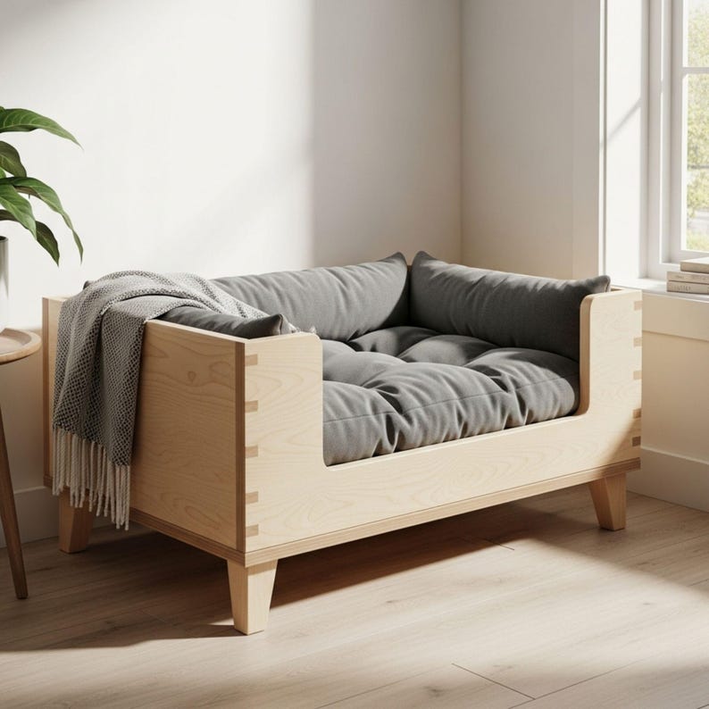 K&ouml;nnte beinhalten: Ein helles Hundebett aus Holz mit einem grauen Kissen und Kissen. Eine graue Decke mit Fransen ist &uuml;ber die Seite drapiert. Das Bett hat ein modernes Design mit sichtbaren Verbindungen und abgewinkelten Beinen. Das Bett befindet sich in einem Raum mit einem Fenster und einer Pflanze.