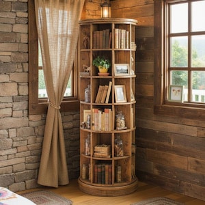 May include: A wooden, rotating bookshelf with multiple shelves filled with books, decorative jars, and framed pictures. The bookshelf is in a room with wood paneling, a stone wall, and a window with a curtain.