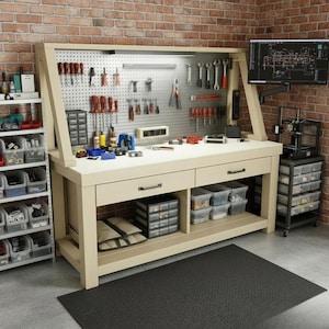 May include: A light wood workbench with a pegboard back, illuminated by a light. Tools hang on the pegboard. The workbench has drawers and storage shelves. A computer monitor and 3D printer are nearby. A black mat is on the floor.