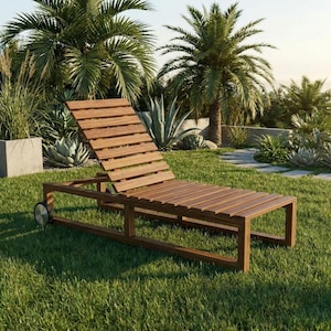 Może przedstawiać: Drewniany leżak ogrodowy z listwowym designem. Krzesło wykonane jest z jasnobrązowego drewna i posiada kółka na tylnych nogach ułatwiające przemieszczanie. Ustawione jest na zielonym trawniku z palmami w tle.
