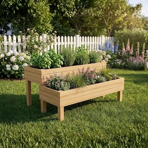 Puede incluir: Jardineras elevadas de madera de dos niveles llenas de hierbas y flores. Las jardineras de color marrón claro se asientan sobre patas cortas, colocadas sobre un césped verde frente a una valla blanca.