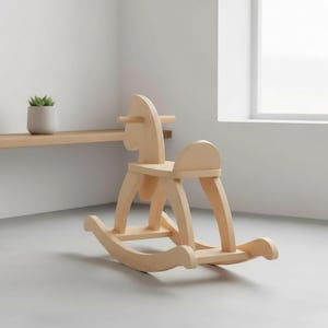 May include: A light-colored wooden rocking horse with a curved base, seat, and head. The horse has a simple design with rounded edges and a small backrest. The toy is made of unfinished wood and is suitable for young children.
