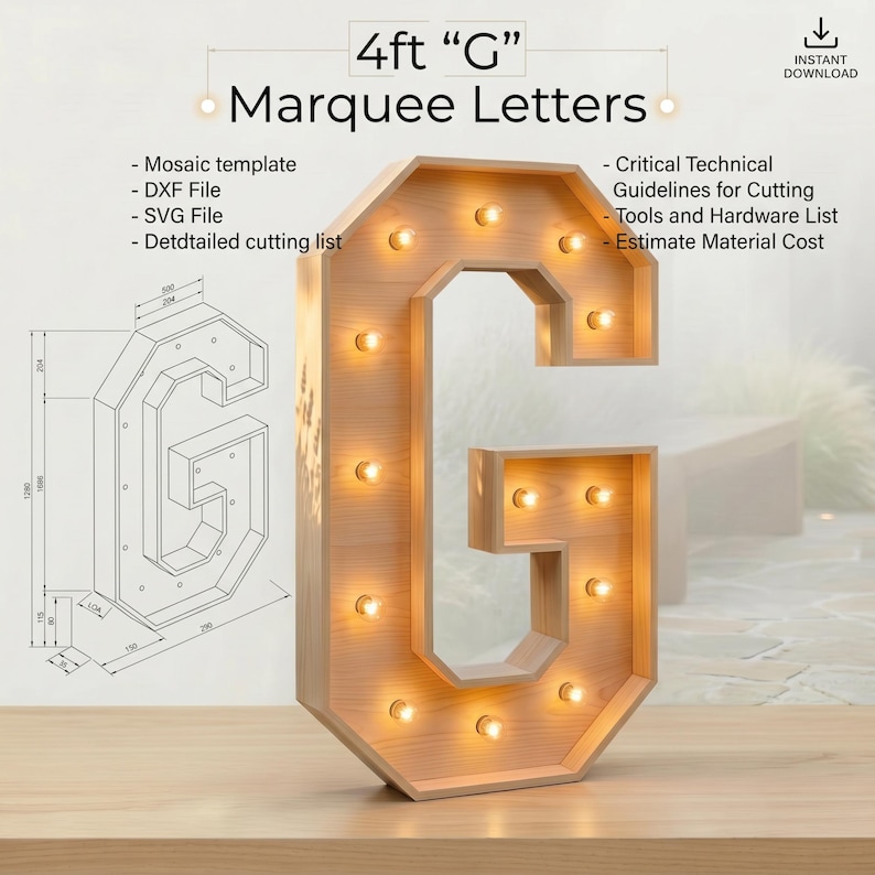 4ft Marquee Letter "G" Template PDF | Diy Giant Light Up Letter Svg, Dxf, Pdf Blueprint