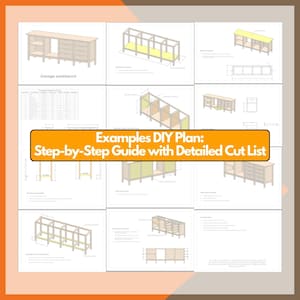 May include: A grid of diagrams illustrating a garage workbench DIY plan. The diagrams show different views and cut lists. The text in the image reads: "Examples DIY Plan: Step-by-Step Guide with Detailed Cut List."
