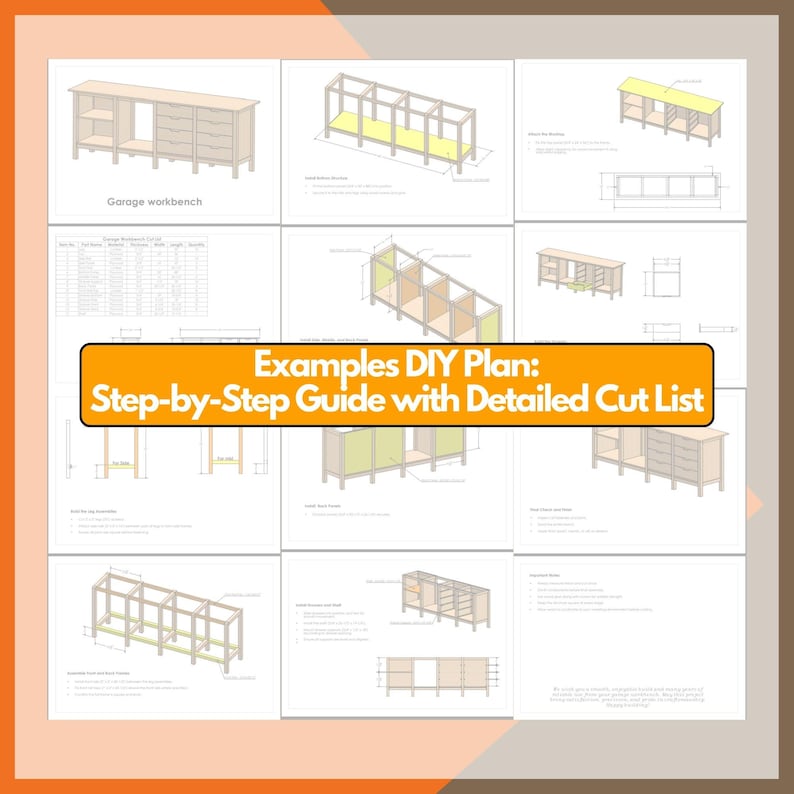 May include: A grid of diagrams illustrating a garage workbench DIY plan. The diagrams show different views and cut lists. The text in the image reads: "Examples DIY Plan: Step-by-Step Guide with Detailed Cut List."